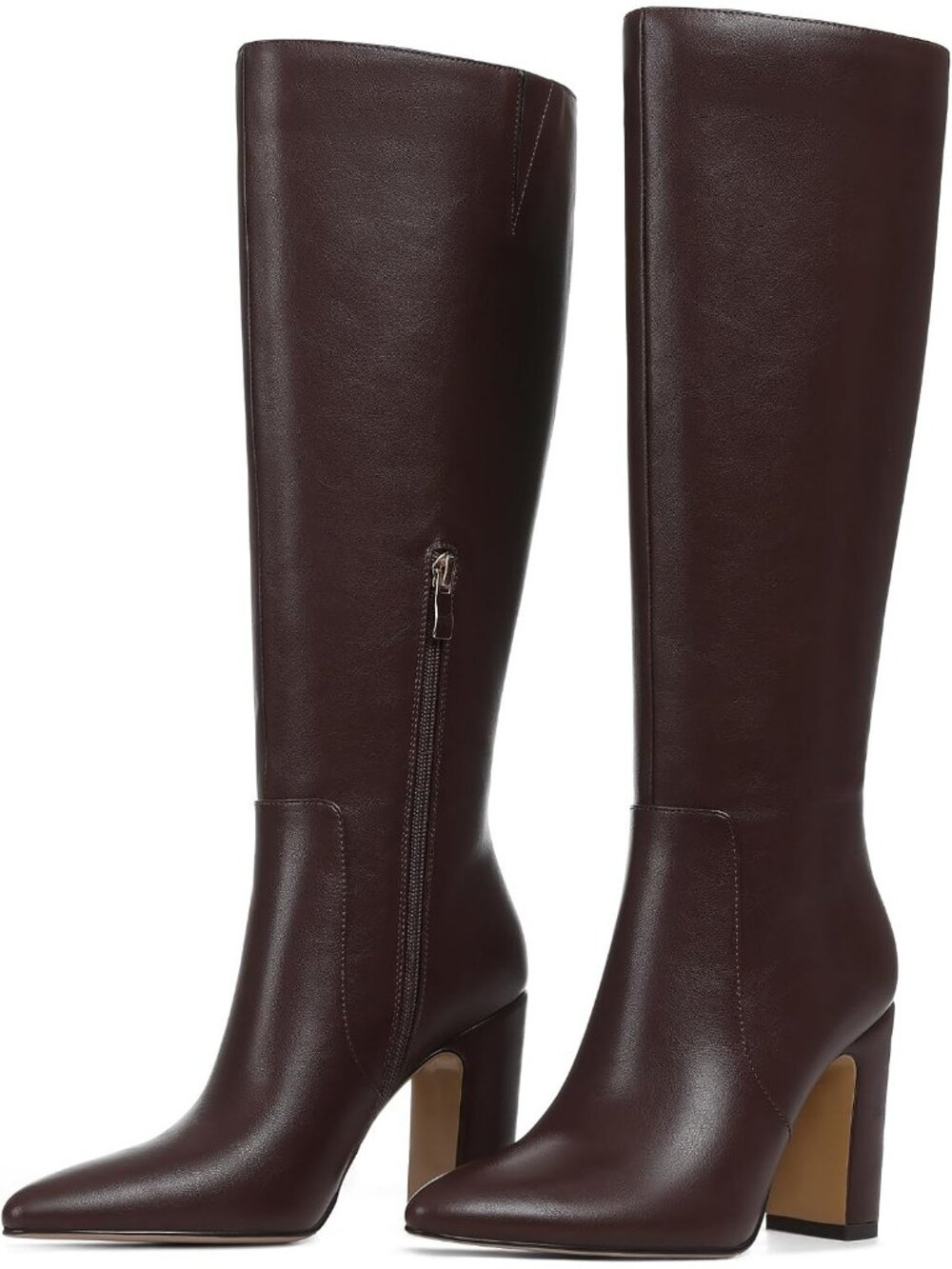 Women's Brown Chunky Heel Wide Calf Pointed Toe Side Zip Fashion Knee High Boots